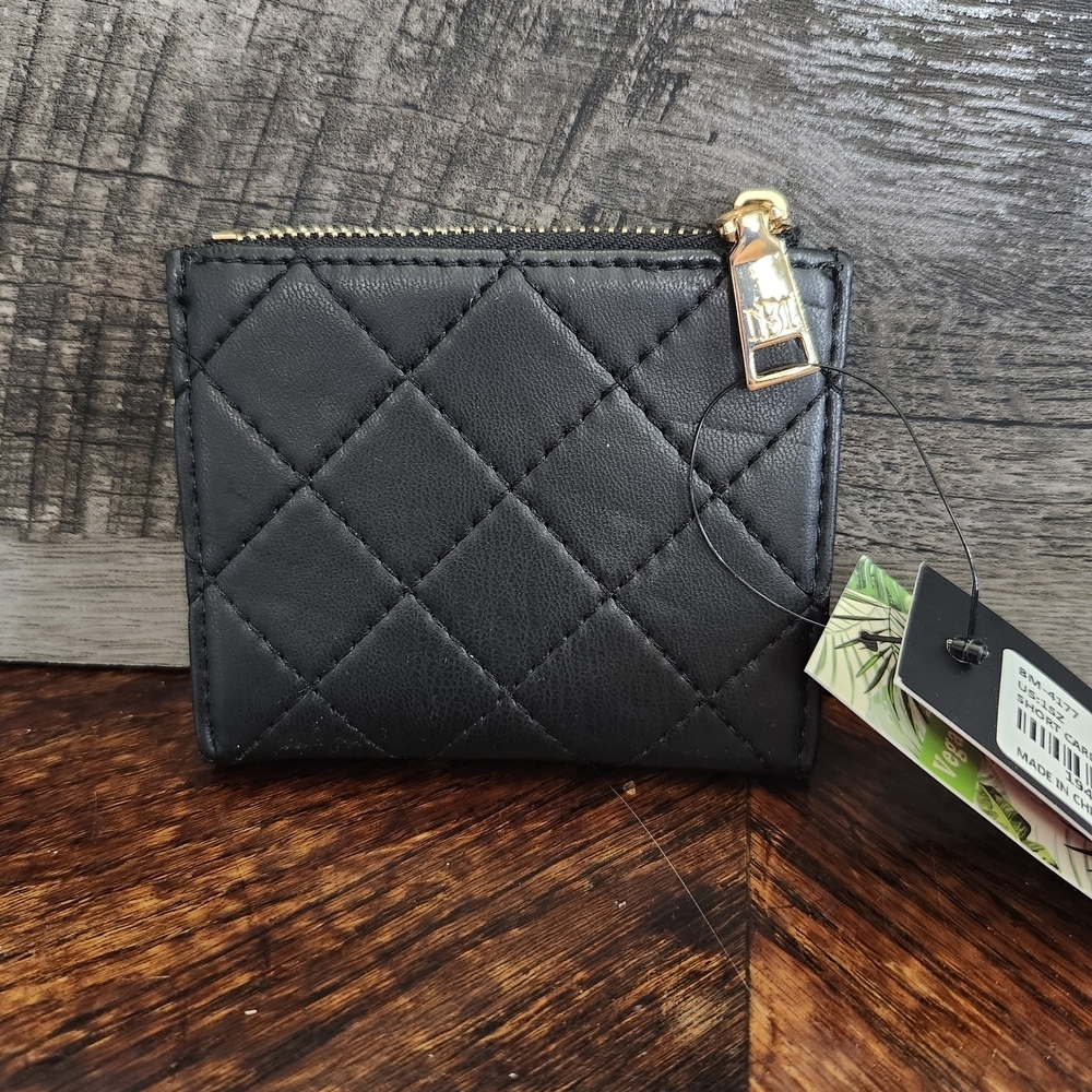 NWT Badgley Mischka Quilted Black Mini Wallet with Gold Logo - Picture 3 of 6